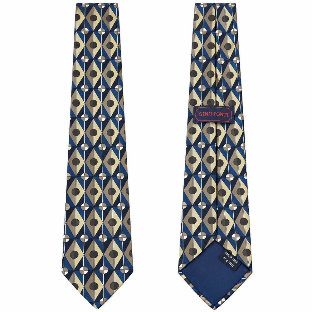 Gino Ponti Men's Necktie Navy Olive Geometric Diamond Retro Pattern Dress Tie